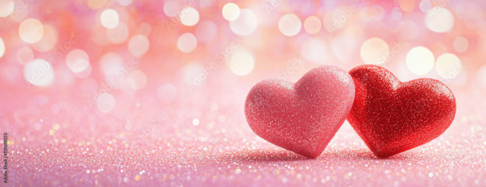 Two Hearts On Pink Glitter In Shiny Background - Valentine's Day Concept Two Hearts On Pink Glitter In Shiny Background - Valentine's Day Concept