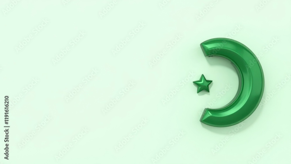 Naklejka premium Emerald green jungle frog on right. Green crescent moon star decoratio