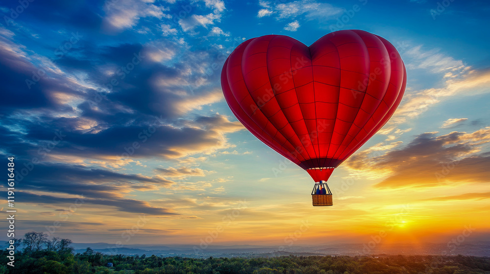 Obraz premium Heart-Shaped Hot Air Balloon Soaring at Sunrise over Scenic Landscape