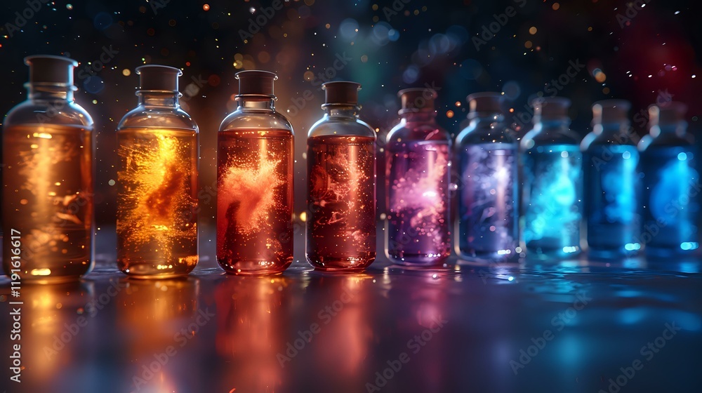 Magical glowing potion bottles with colorful liquid and sparkles arranged in rainbow gradient from gold to blue, perfect for fantasy, gaming or mystical design projects. Magical glowing potion bottles with colorful liquid and sparkles arranged in rainbow gradient from gold to blue, perfect for fantasy, gaming or mystical design projects.