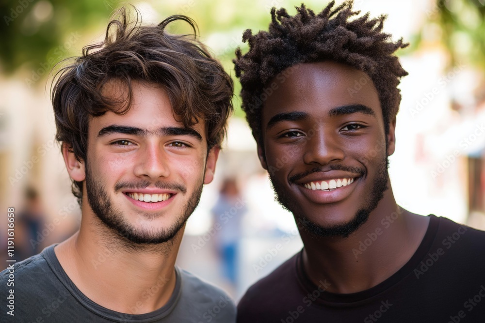 Young interracial friends smiling outdoors in natural light Young interracial friends smiling outdoors in natural light
