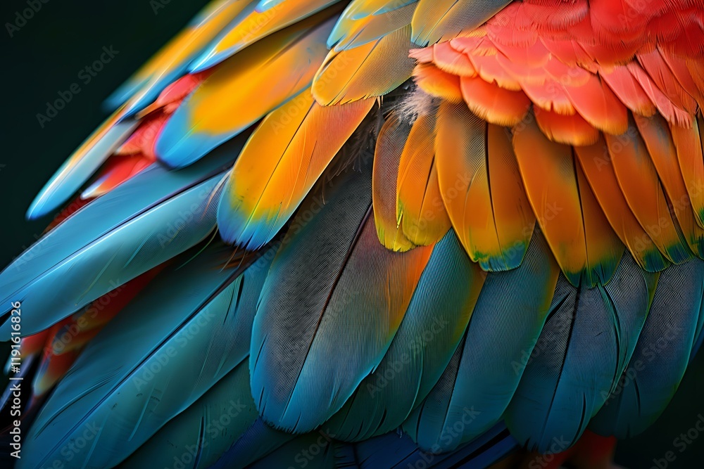 Fototapeta premium Vibrant scarlet macaw feathers in extreme close-up showing detailed texture and natural gradient from turquoise blue to fiery orange and red, perfect for nature and exotic bird photography.