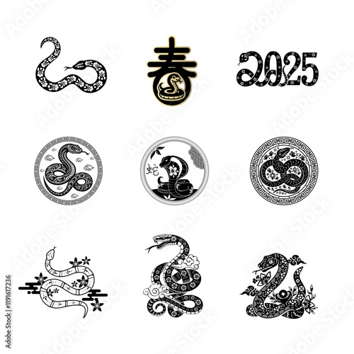Happy New year 2025 year of the snake. Vector illustration.