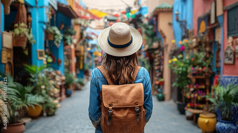 A solo female traveler exploring the vibrant streets of Marrakech, her back facing the camera as she immerses herself in the cultural journey, with a bright light tone and blurred surroundings


