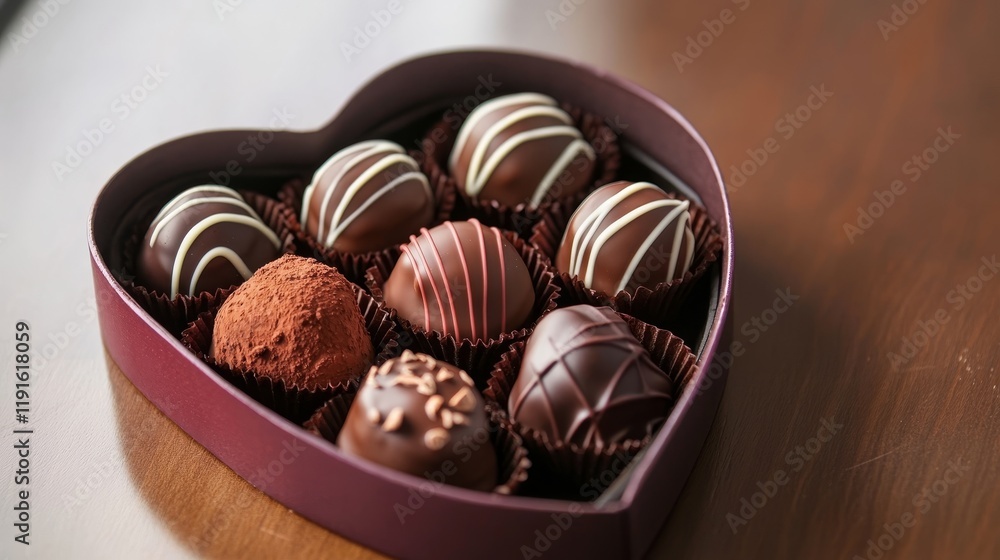 Chocolate truffles with cocoa in heart-shaped box Chocolate truffles with cocoa in heart-shaped box