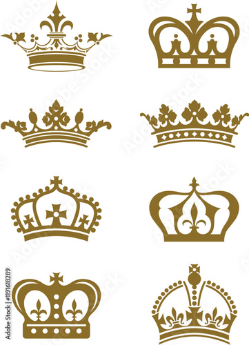 A series of decorative golden royal crown icons