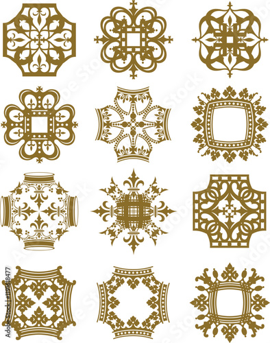 A series of decorative icons based on golden royal crown imagery. 
