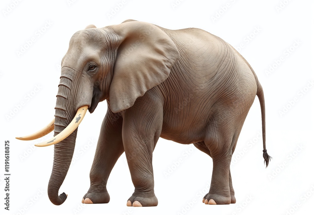 Obraz premium A majestic African elephant stands gracefully, displaying its large tusks and textured skin. The gentle giant exudes an aura of strength and tranquility