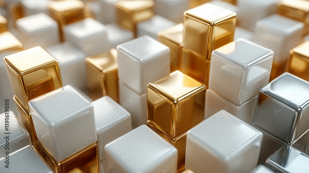 A soft blurred background featuring gold cubes, white, gold, and silver tones creates an abstract sense of chaos with a harmonious balance of light and texture.
A soft blurred background featuring gold cubes, white, gold, and silver tones creates an abstract sense of chaos with a harmonious balance of light and texture.