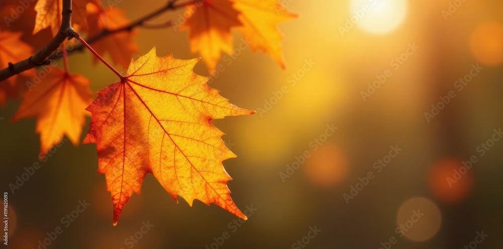 Fototapeta premium Golden autumn leaf shapes, blurred bokeh, abstract background, brown, organic