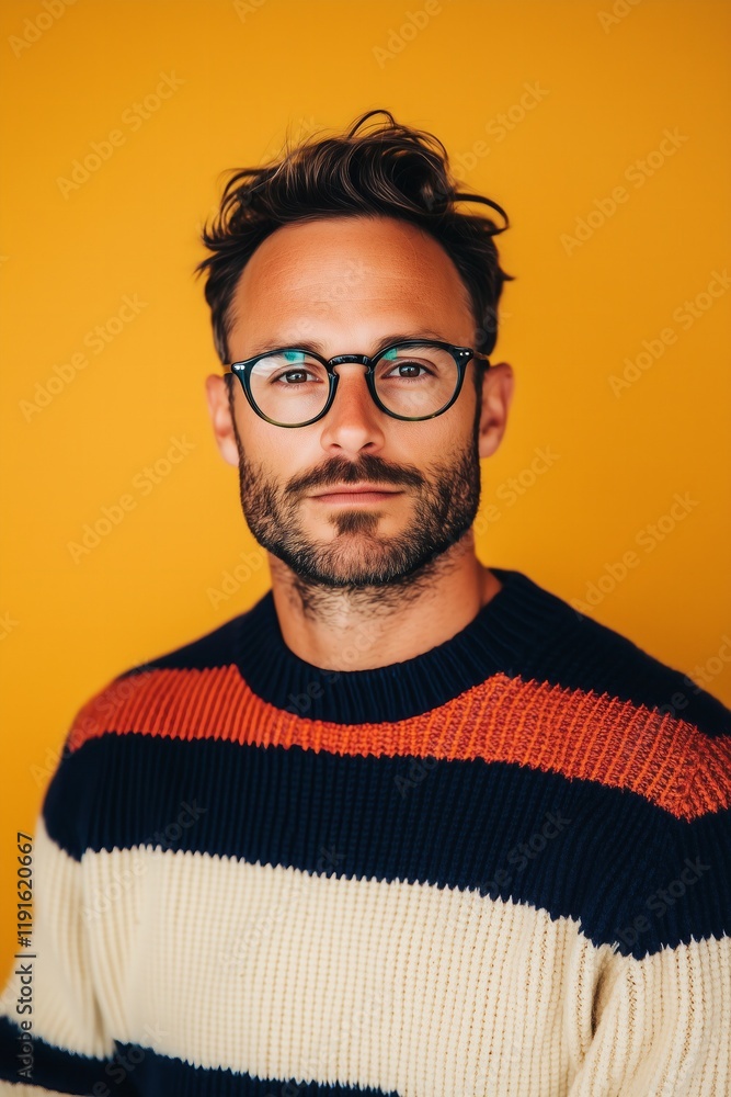 studio portrait of a man wearing a cozy striped sweater in shades of navy, cream, and red, standing in front of a warm amber background studio portrait of a man wearing a cozy striped sweater in shades of navy, cream, and red, standing in front of a warm amber background