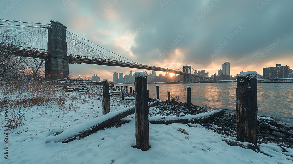 Snowy waterfront view of Brooklyn Bridge at sunset with city skyline in the background Snowy waterfront view of Brooklyn Bridge at sunset with city skyline in the background