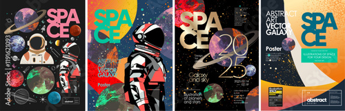 Futuristic vector space and astronaut illustrations with colorful planets, galaxies, and cosmic elements. Ideal for poster, background, or sci-fi design projects