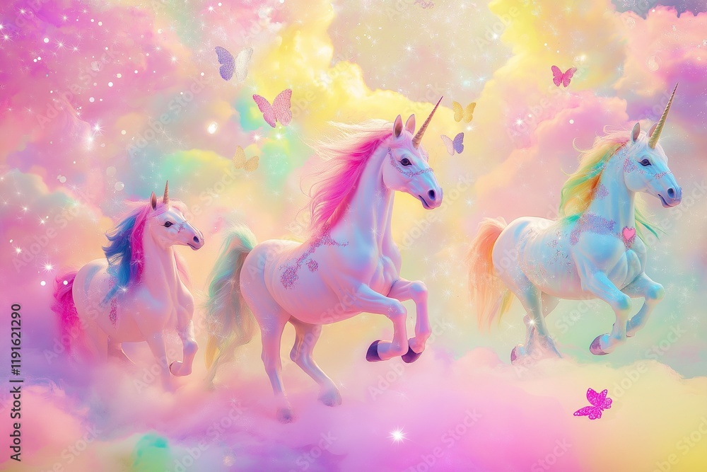 Whimsical Unicorns in Rainbow Sky: Magical Fantasy Scene Whimsical Unicorns in Rainbow Sky: Magical Fantasy Scene