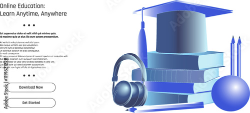 modern representation of online education, showcasing stacked books, a graduation cap, headphones, and stationery items, emphasizing learning from anywhere and anytime
