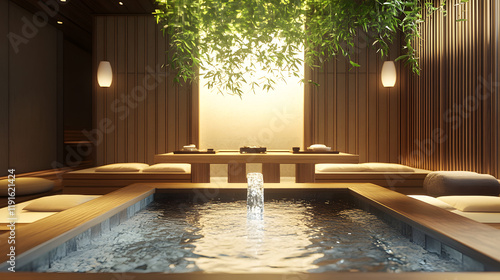 A sushi dining space with a centerpiece water fountain hanging bamboo plants and soft tatami seating. photo