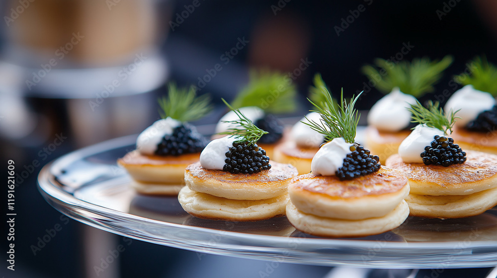 Luxury Bite-Sized Caviar Blinis with Crème Fraîche and Dill – Macro Shot Luxury Bite-Sized Caviar Blinis with Crème Fraîche and Dill – Macro Shot