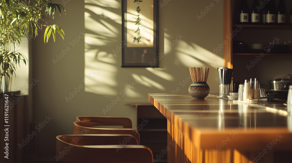 A sushi restaurant with hanging scroll artwork a polished wooden bar and a calming incense aroma. A sushi restaurant with hanging scroll artwork a polished wooden bar and a calming incense aroma.