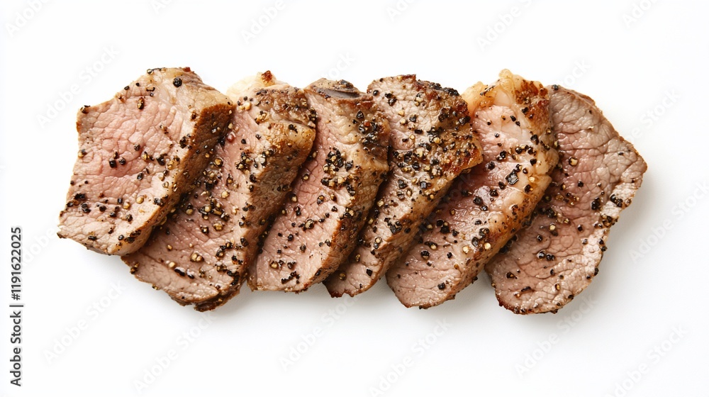 Sliced grilled pepper steak on white background. Sliced grilled pepper steak on white background.