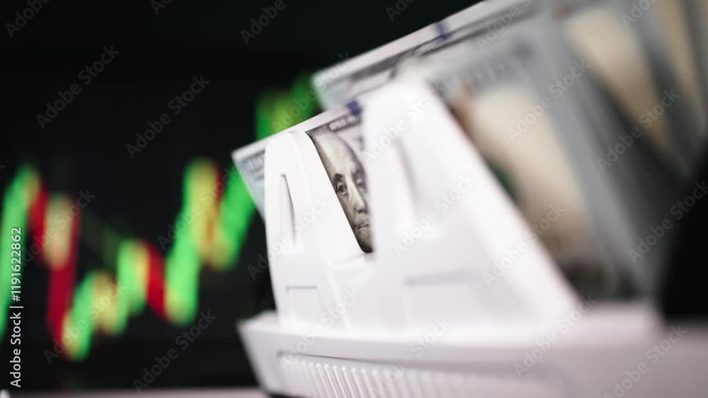 Close-up of an automatic dollar counting machine against a financial chart. Technology for managing cash flow, reflecting the dynamics of financial markets. Close-up of an automatic dollar counting machine against a financial chart. Technology for managing cash flow, reflecting the dynamics of financial markets.