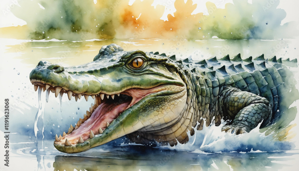 Obraz premium Vibrant watercolor illustration depicting a crocodile emerging from a river at sunrise showcasing wildlife in its natural habitat