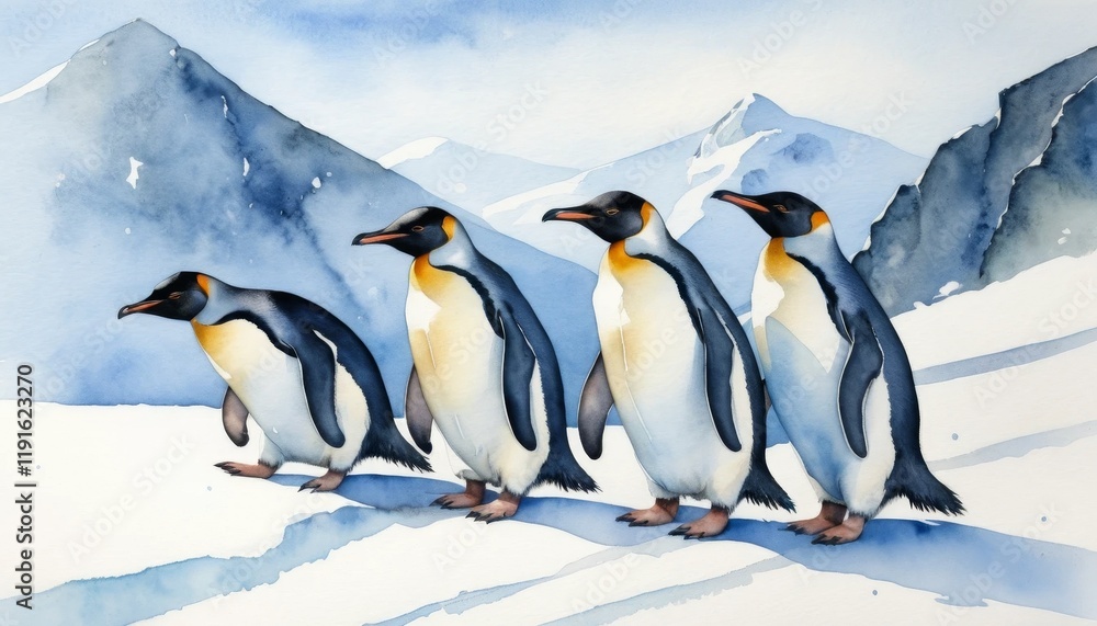 Obraz premium Watercolor illustration of penguins walking in Antarctica during the day beneath a clear blue sky