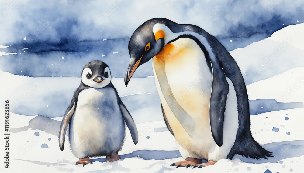 Fototapeta premium Watercolor illustration of penguins interacting in Antarctica under a clear blue sky during the day