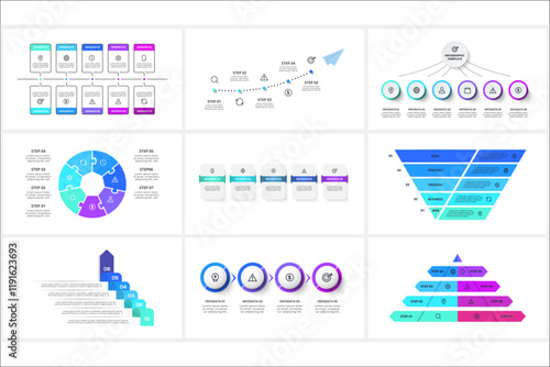 Set creative concept for infographic with 4, 5, 6, 7, 8, 10 steps, options, parts or processes.