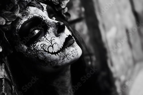 A dramatic black and white portrait of a woman with traditional Dia de los Muertos face paint, looking upwards with a pensive expression photo