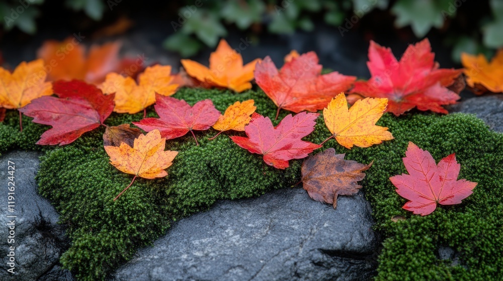 Autumn Maple Leaves Resting On Mossy Rock Autumn Maple Leaves Resting On Mossy Rock