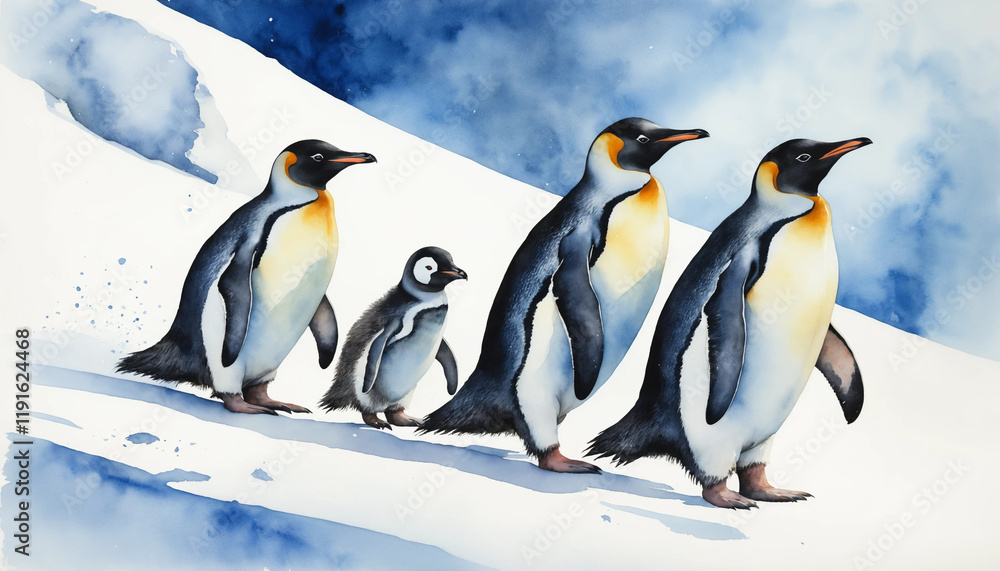 Fototapeta premium Colorful watercolor illustration capturing the journey of penguins navigating the snowy landscape of Antarctica during the bright daytime