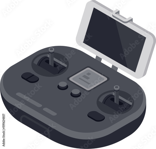 Remote control for drone featuring a smartphone, two antennas, buttons and a screen, representing modern technology and innovation in aerial photography and videography