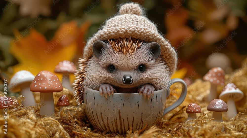 Obraz premium Adorable hedgehog in cozy hat nestled in autumnal woodland setting