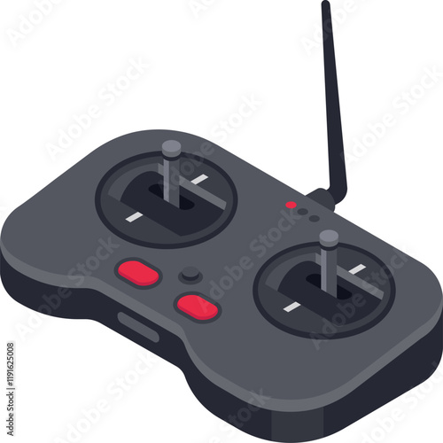 Radio remote control featuring two joysticks and red buttons, equipped with an antenna for piloting drones or RC vehicles, presented in an isometric view