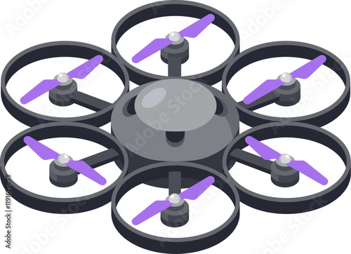 Modern hexacopter drone with six purple propellers spinning, hovering in the air, providing aerial photography and videography capabilities for various applications
