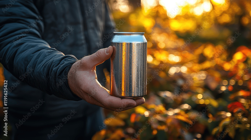 Hand holding a silver can surrounded by colorful autumn foliage in a warm, golden light Hand holding a silver can surrounded by colorful autumn foliage in a warm, golden light
