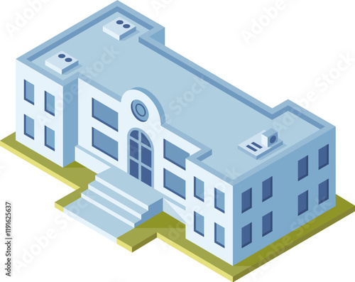 Modern public building featuring rooftop air conditioning units, windows, entrance, and stairs, presented in isometric projection for architectural and urban planning projects