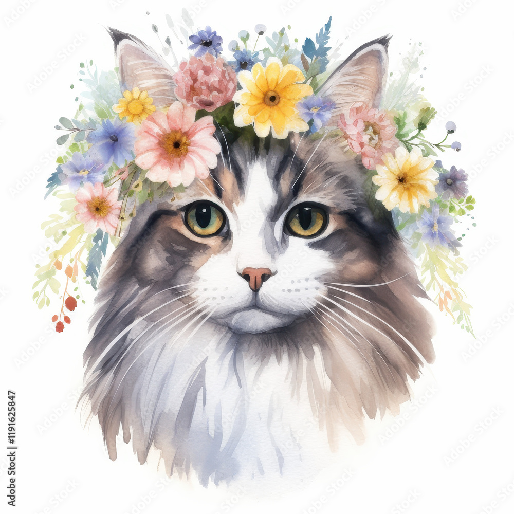 Fototapeta Watercolor Illustration of a Cat Wearing a Floral Crown - Perfect for Pet Lovers, Greeting Cards, and Home Decor