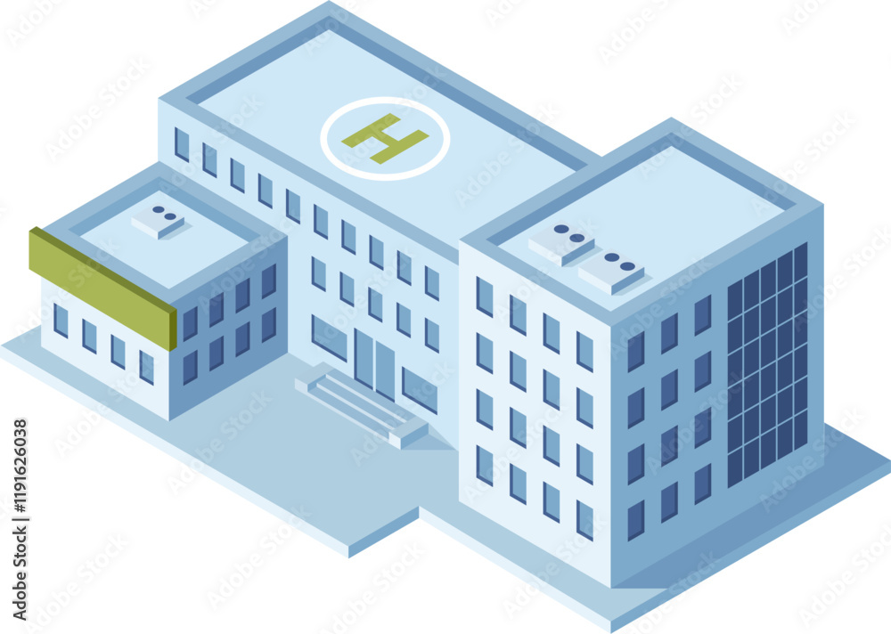 Isometric view of a modern hospital complex featuring a helipad, multiple medical departments, and administrative offices, illustrating comprehensive healthcare infrastructure Isometric view of a modern hospital complex featuring a helipad, multiple medical departments, and administrative offices, illustrating comprehensive healthcare infrastructure
