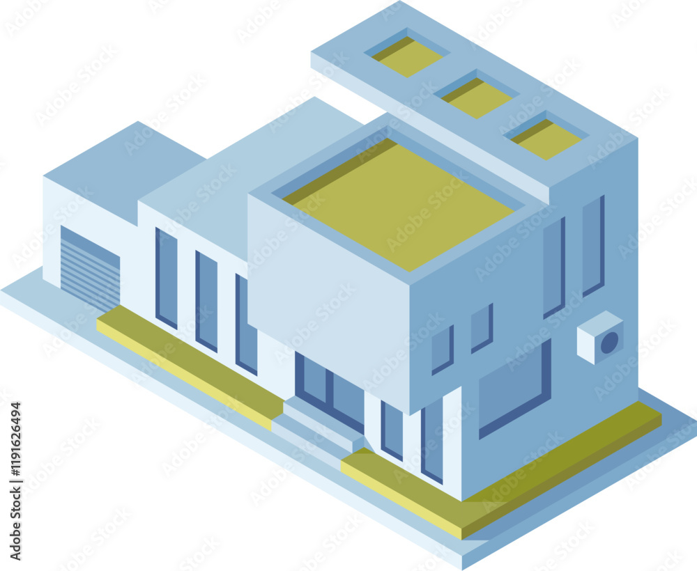 Modern house featuring a rooftop and garage, presented in an isometric view, highlighting intricate architectural details and contemporary design elements that define urban living Modern house featuring a rooftop and garage, presented in an isometric view, highlighting intricate architectural details and contemporary design elements that define urban living