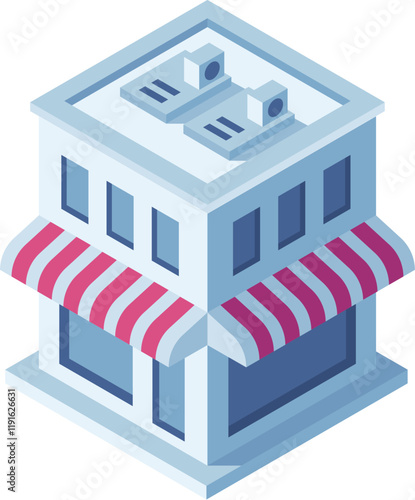 Small business building with striped awnings and rooftop air conditioning units is depicted in isometric projection, symbolizing entrepreneurship and commerce