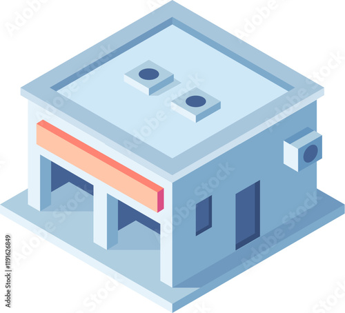 Minimalist isometric building with two garage doors, a blank sign for customization, air conditioning units on the roof and on a side wall, representing a store or a small factory