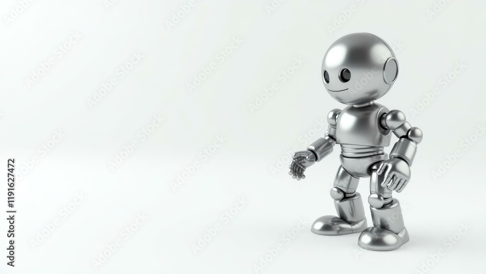 Fototapeta premium Chromium silver imperial droid on left. Soft white background. Copy space for text, 3D render AI Generated Designer Element