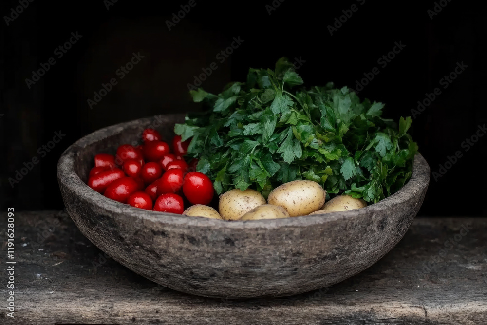 A bowl of vegetables including potatoes, tomatoes, and parsley A bowl of vegetables including potatoes, tomatoes, and parsley
