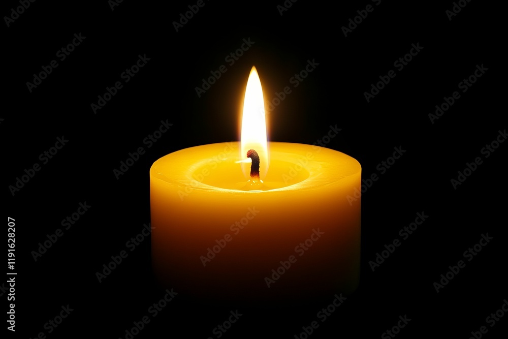 A single yellow candle flame glows in darkness. A single yellow candle flame glows in darkness.