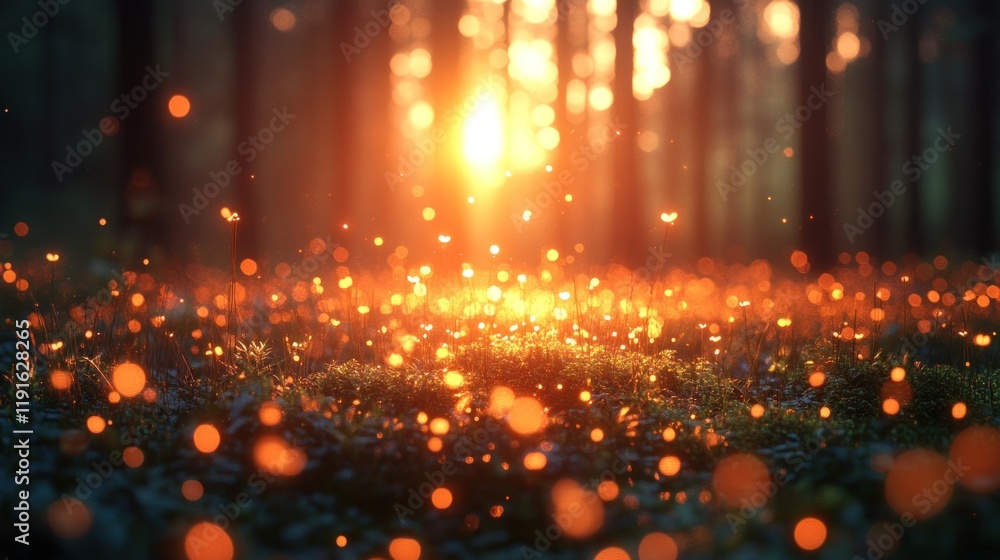 Golden Sunset Illuminates Forest Floor With Sparkling Lights Golden Sunset Illuminates Forest Floor With Sparkling Lights