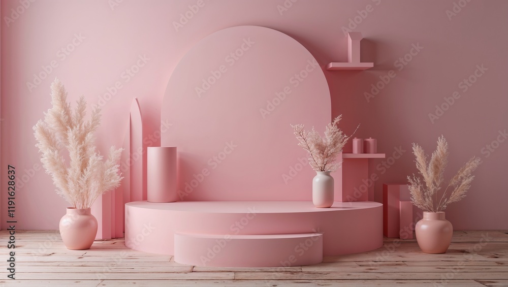 Pink October product presentation with beautiful pedestal display podium or display for cancer people fight disease on white background with platform. Shelf counter standing backdrop Pink October product presentation with beautiful pedestal display podium or display for cancer people fight disease on white background with platform. Shelf counter standing backdrop