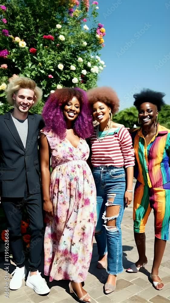 Smiling friends with colorful hair enjoying a sunny day in a garden setting. Smiling friends with colorful hair enjoying a sunny day in a garden setting.