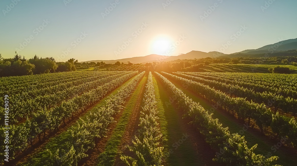 On a bright sunny morning, a wide-angle view captures the picturesque beauty of a blooming orchard, with rows of trees heavy with fruit under the golden light of the sun On a bright sunny morning, a wide-angle view captures the picturesque beauty of a blooming orchard, with rows of trees heavy with fruit under the golden light of the sun
