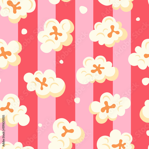 Popcorn seamless pattern on striped red background. National Popcorn Day wallpaper. Food, cinema or holidays theme. Vector illustration.